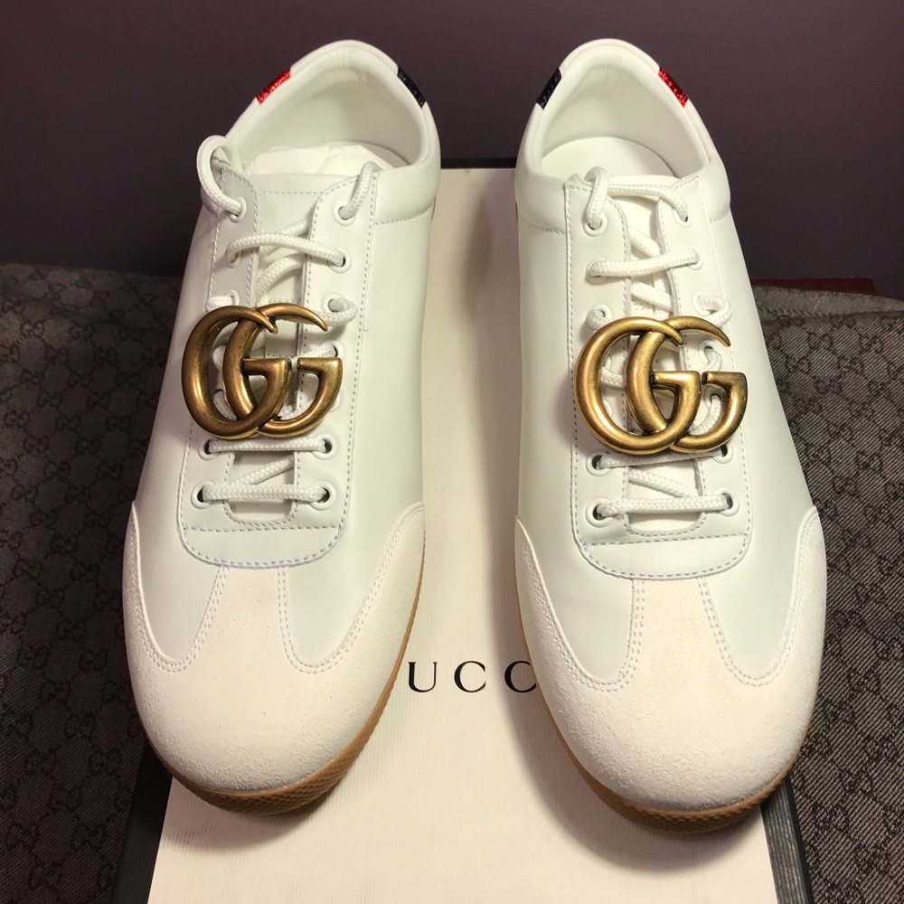 SOLD! New Gucci White Gold Low Top Double G Shoes - Picture 2 of 8